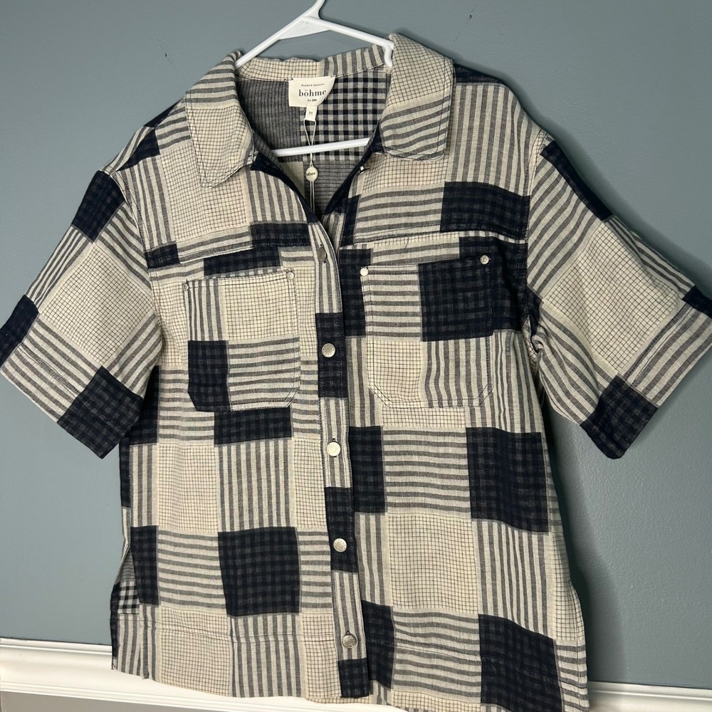Bohme‎ Mens Patchwork Button Down Shirt Short Sleeve Navy White Mixed Pattern M